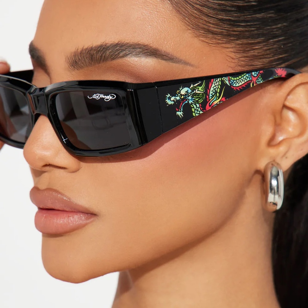 New Original ED HARDY Sunglasses Slim Rectangle Dragon Illustration Acetate BLK